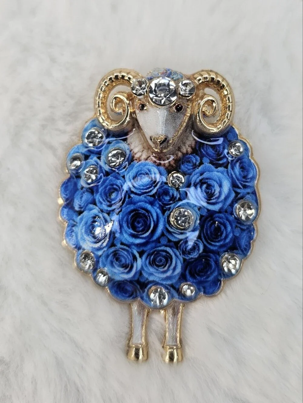 Blue Floral Sheep Brooch Pin with Crystal Accents